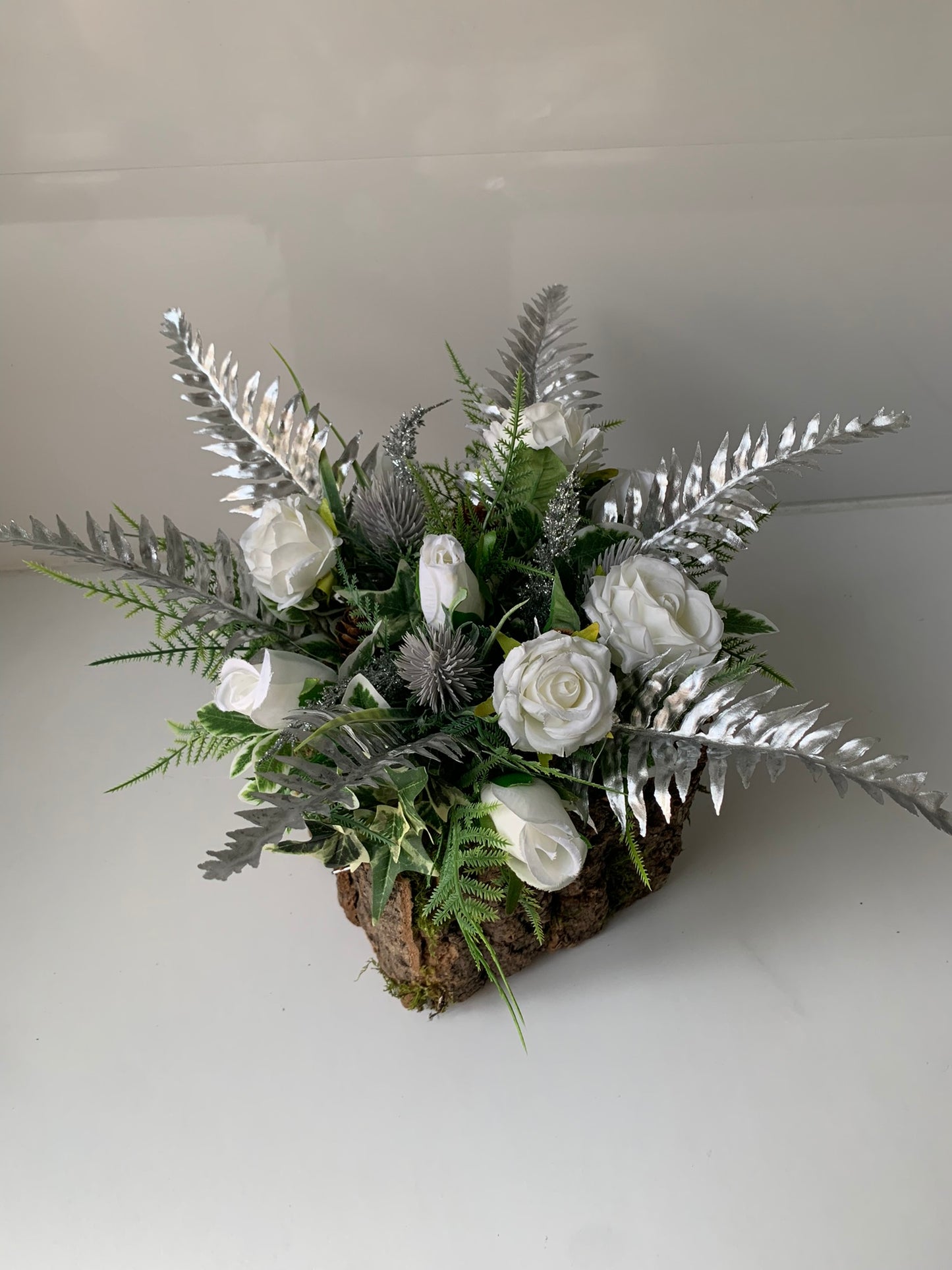 Silver and White Rose Christmas Arrangement