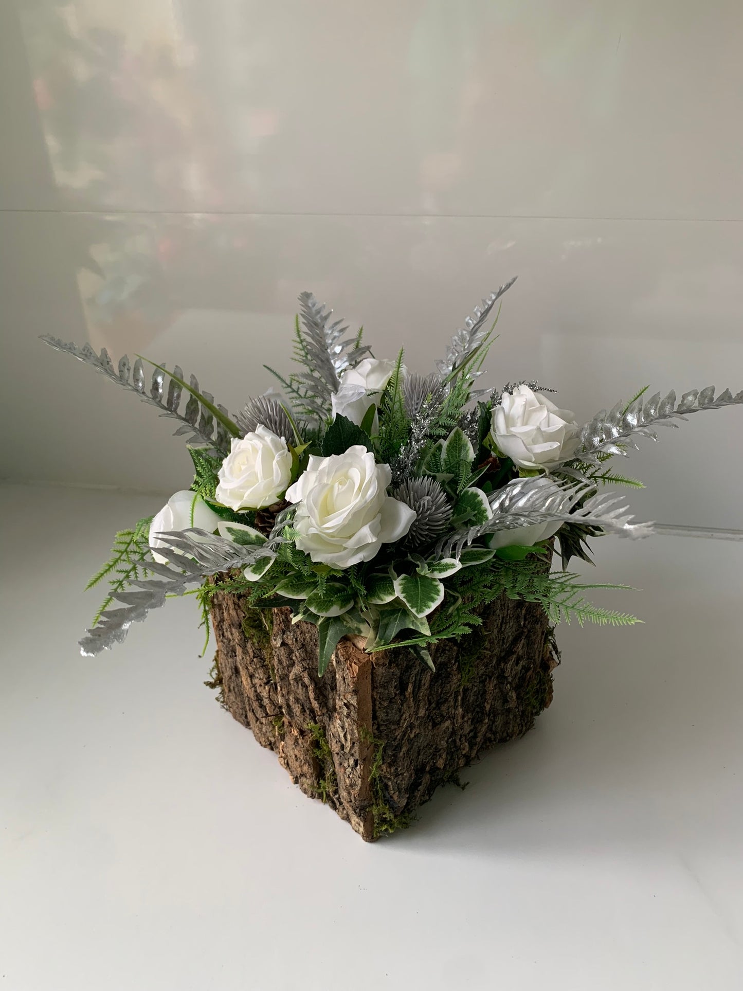 Silver and White Rose Christmas Arrangement