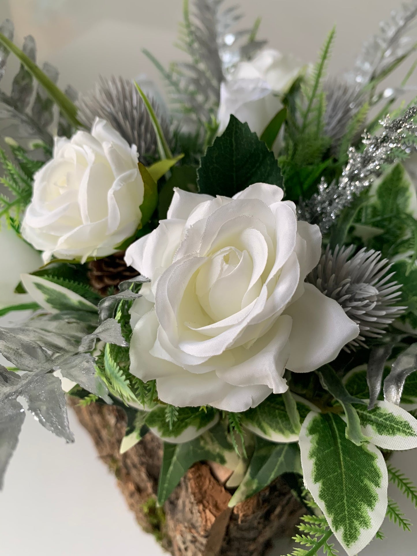 Silver and White Rose Christmas Arrangement