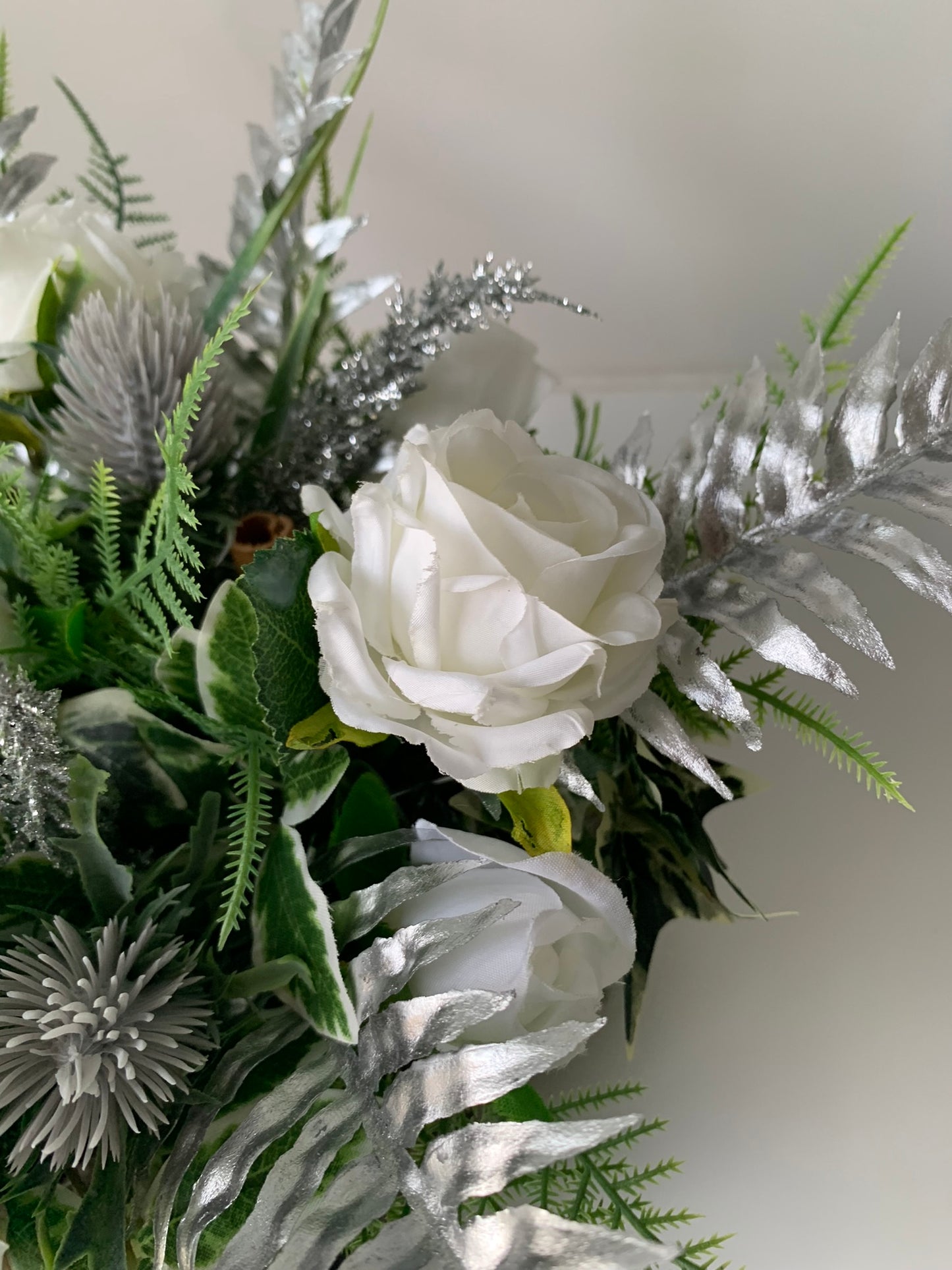 Silver and White Rose Christmas Arrangement