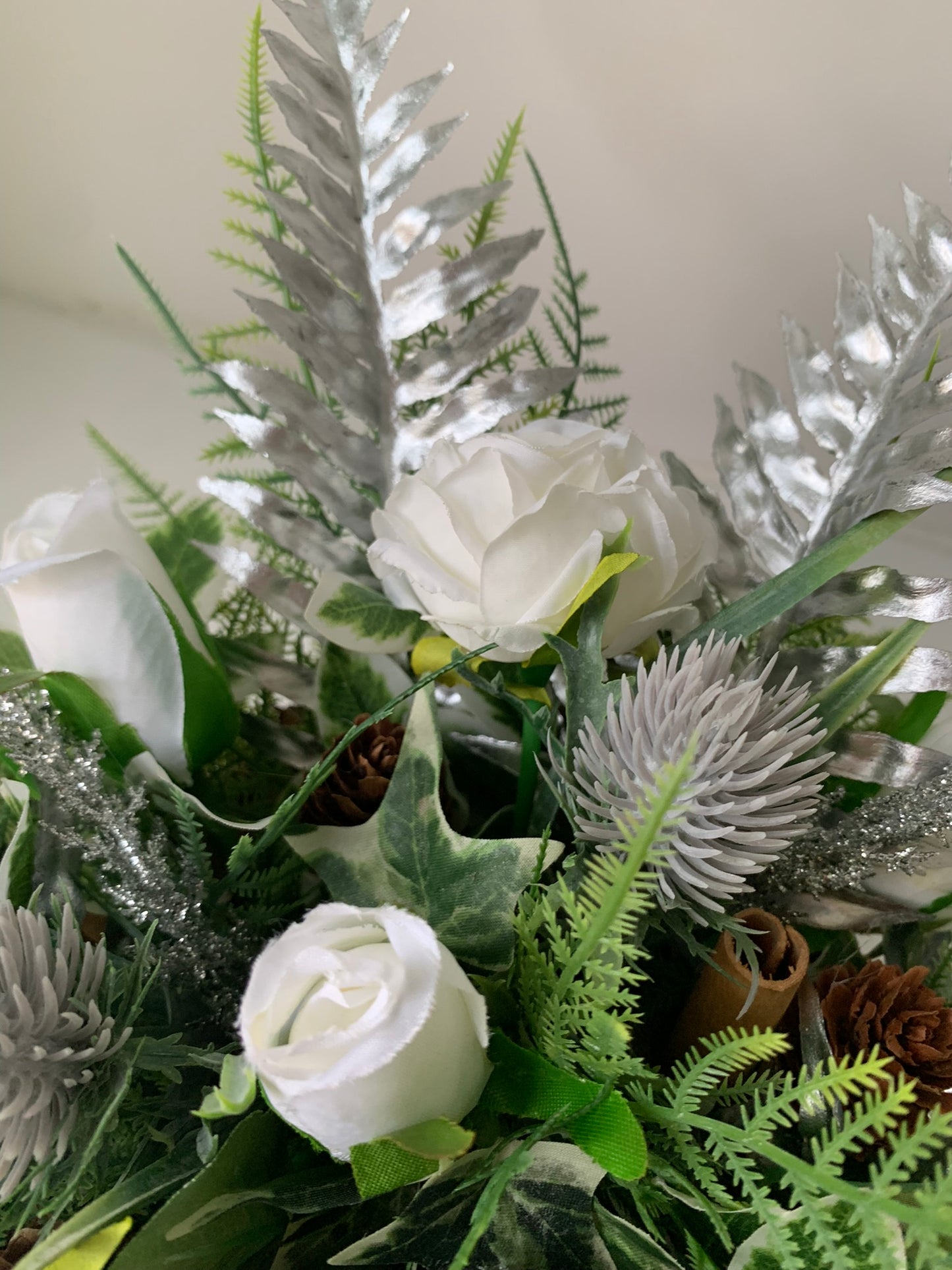 Silver and White Rose Christmas Arrangement