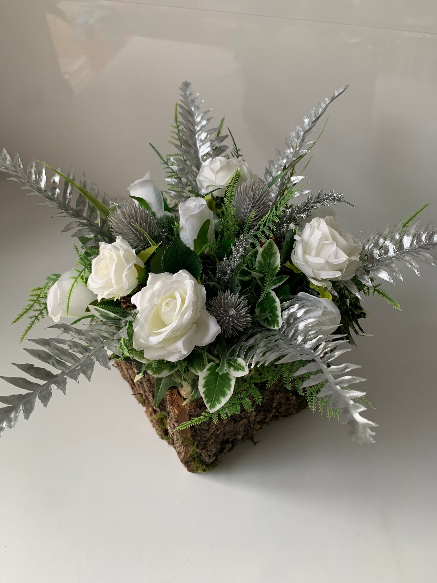 Silver and White Rose Christmas Arrangement
