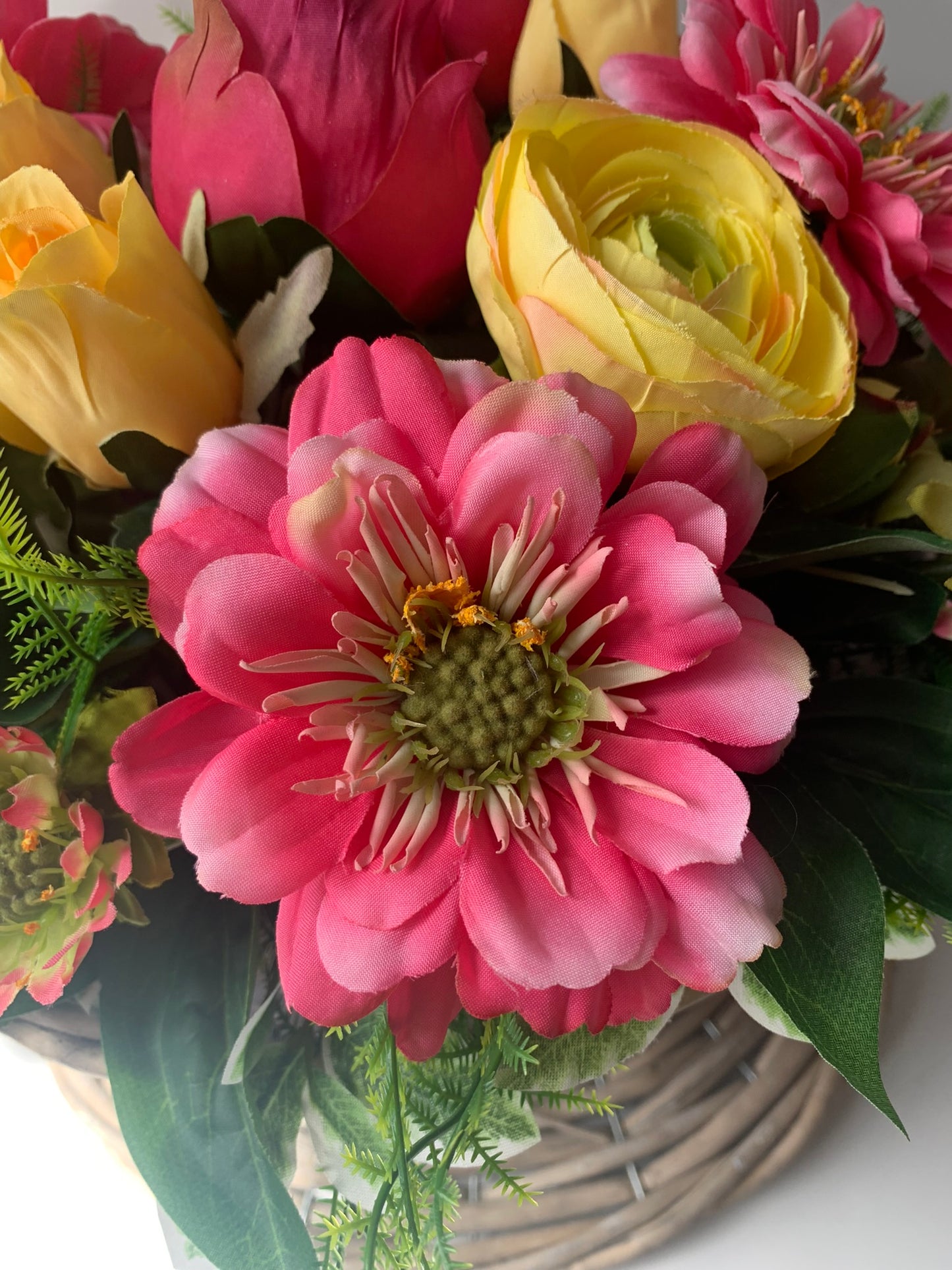 Pink and Yellow Teacup Flower Arrangement