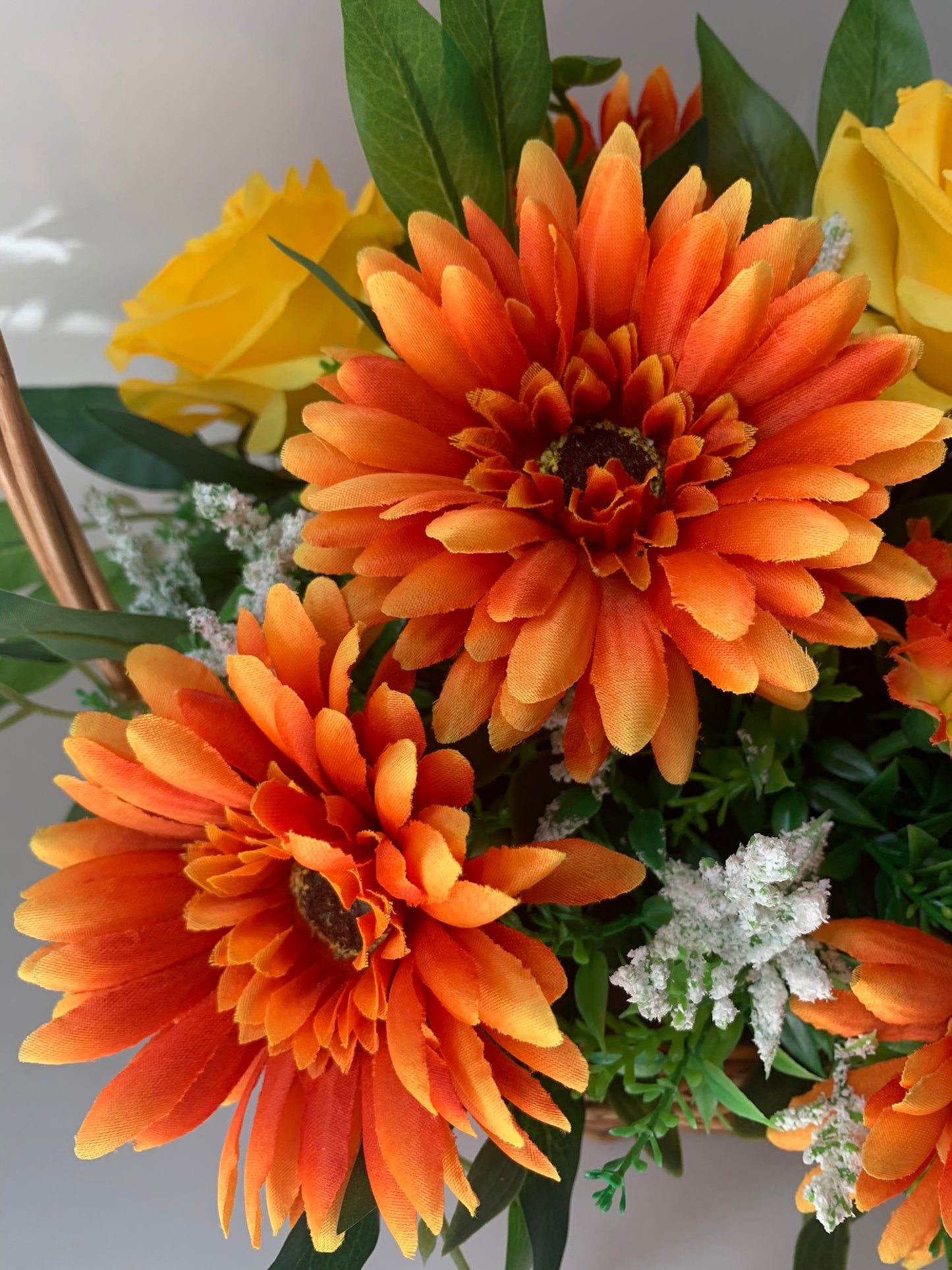 Gerbera and Rose Wicker Basket Flower Arrangement