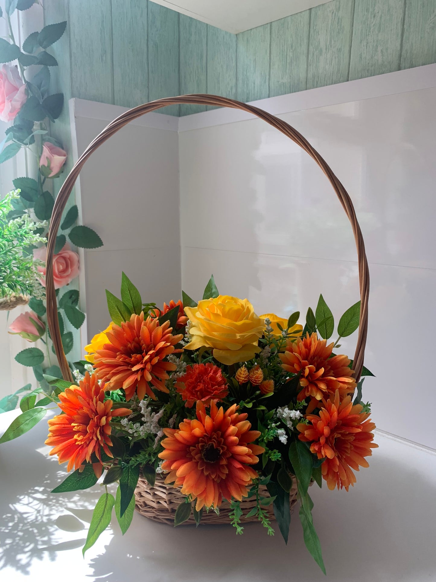 Gerbera and Rose Wicker Basket Flower Arrangement