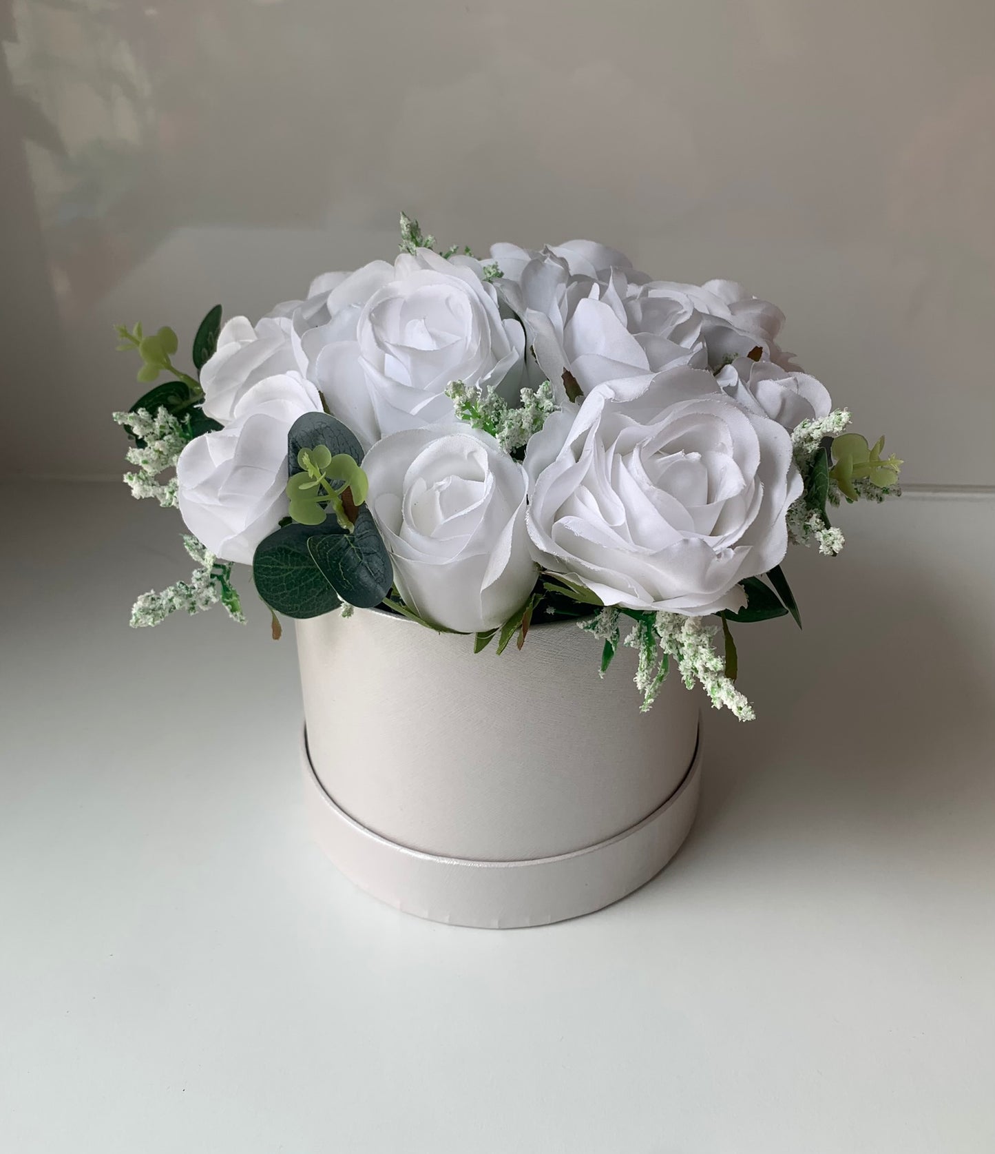 White Roses Hat Box Arrangement