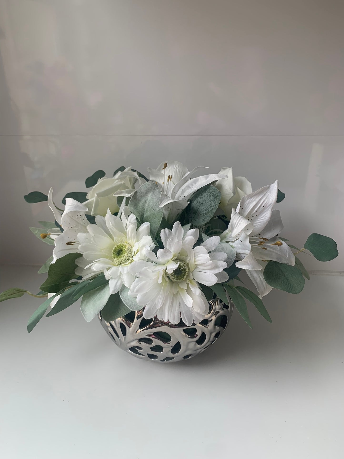 White and Silver Floral Fishbowl Vase Arrangement