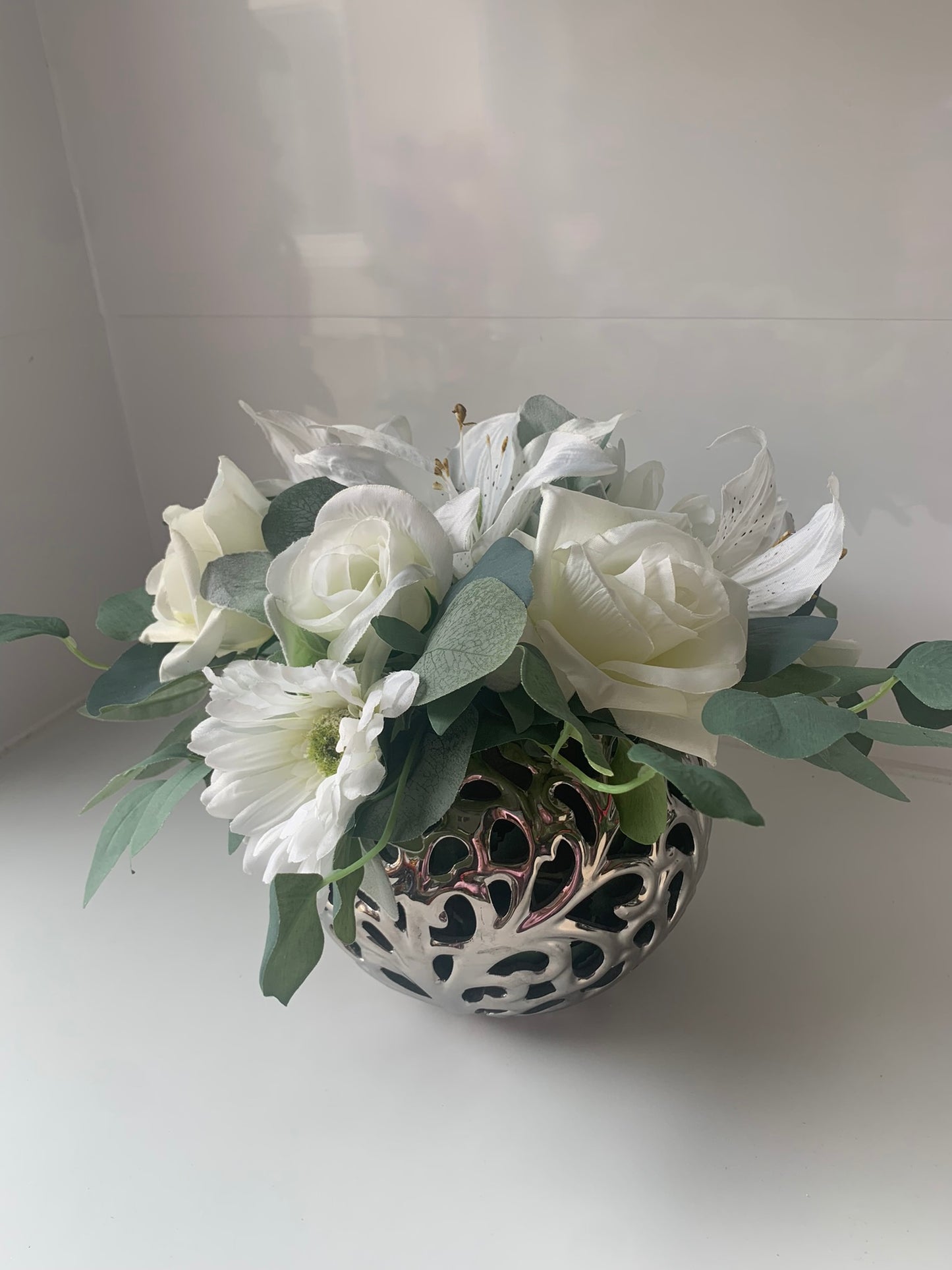 White and Silver Floral Fishbowl Vase Arrangement