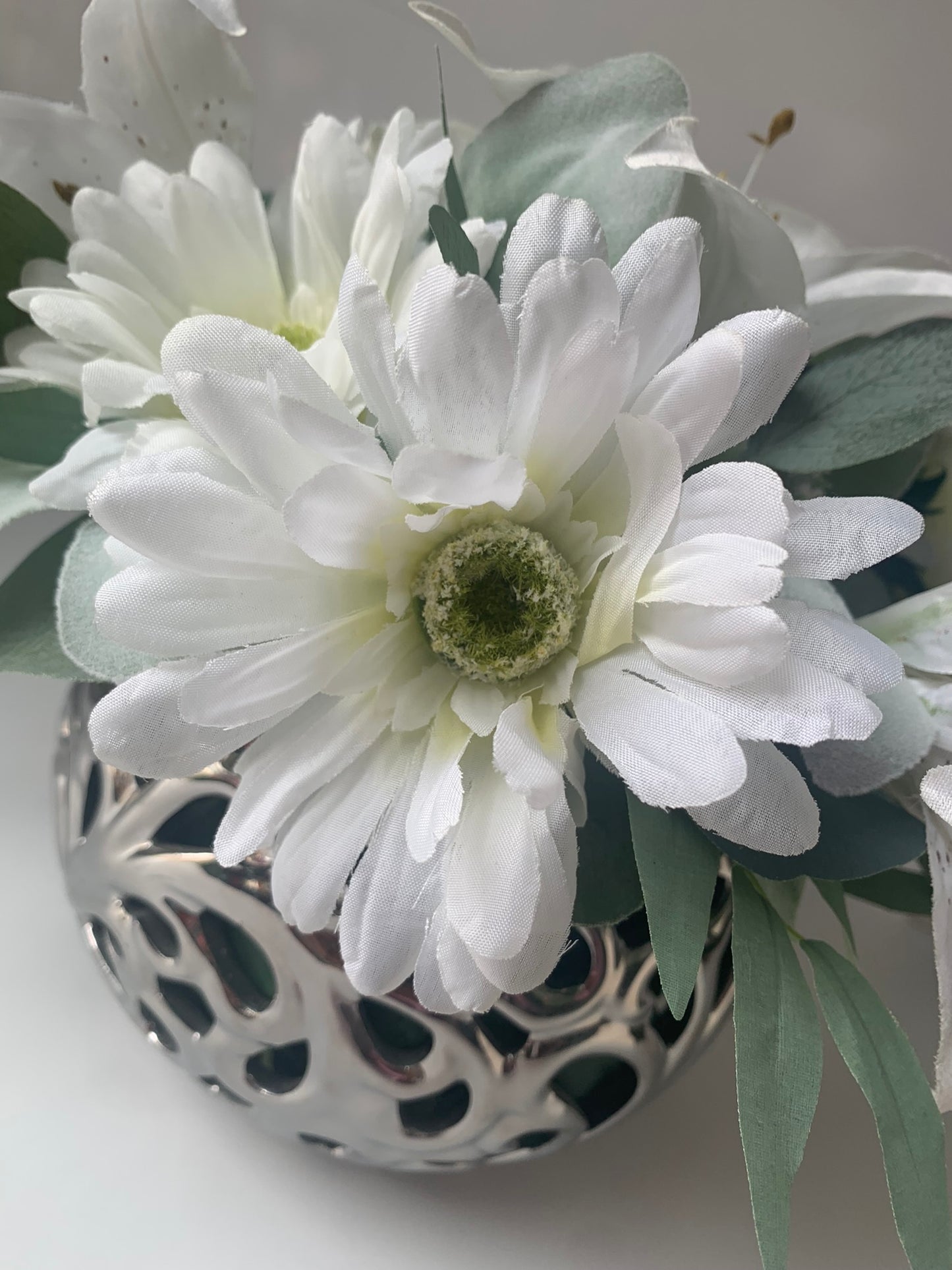 White and Silver Floral Fishbowl Vase Arrangement