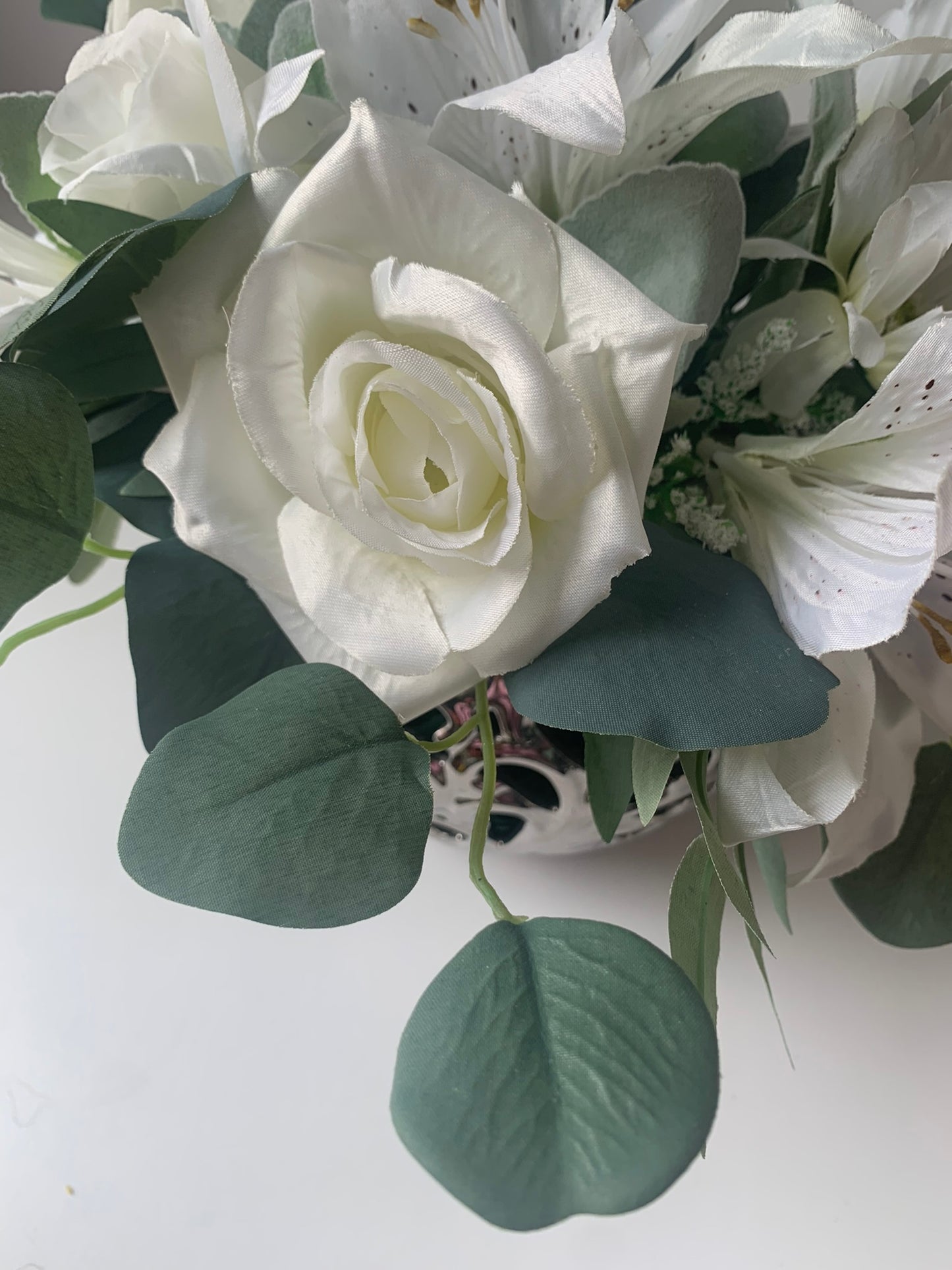 White and Silver Floral Fishbowl Vase Arrangement