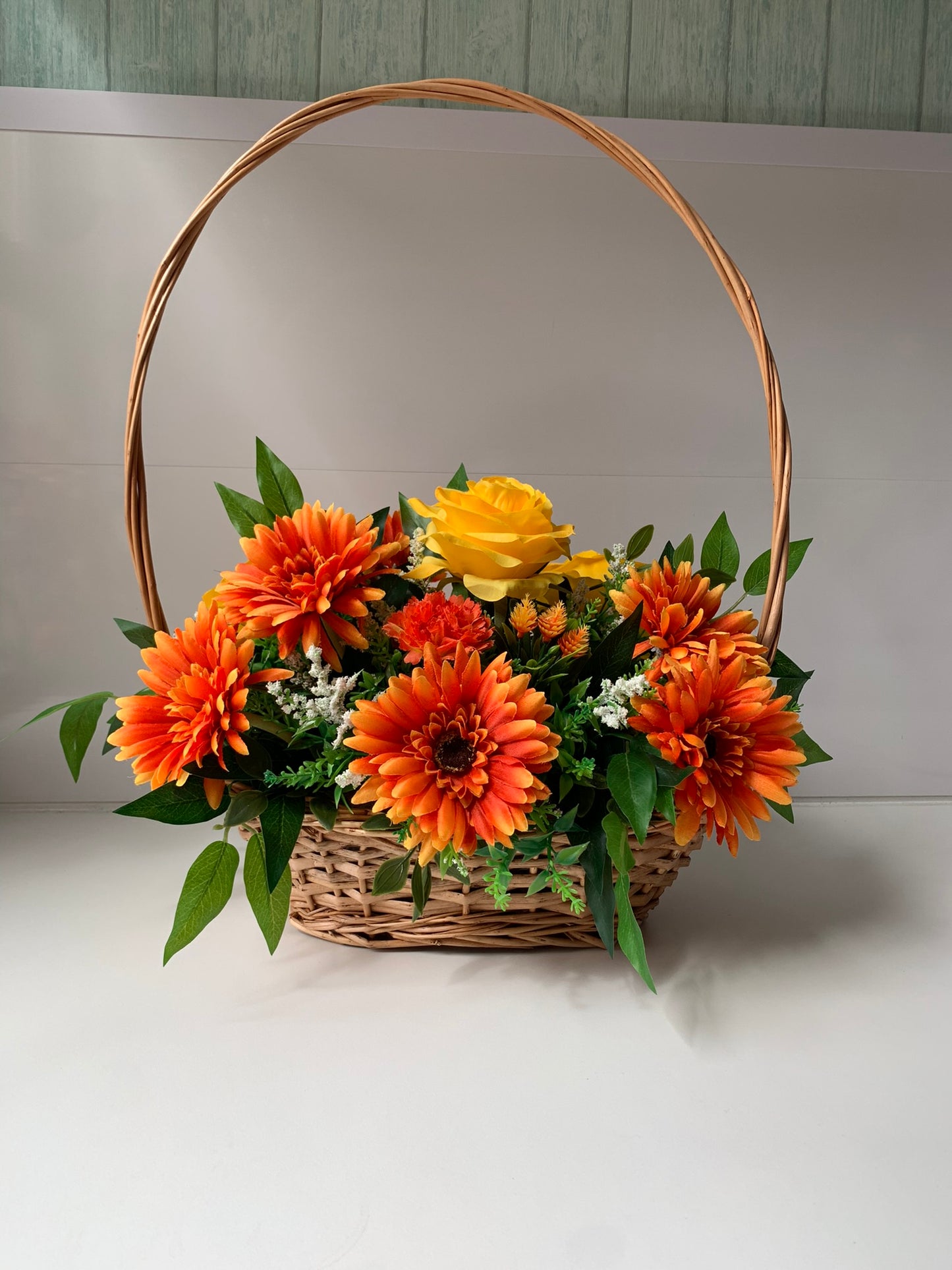 Gerbera and Rose Wicker Basket Flower Arrangement