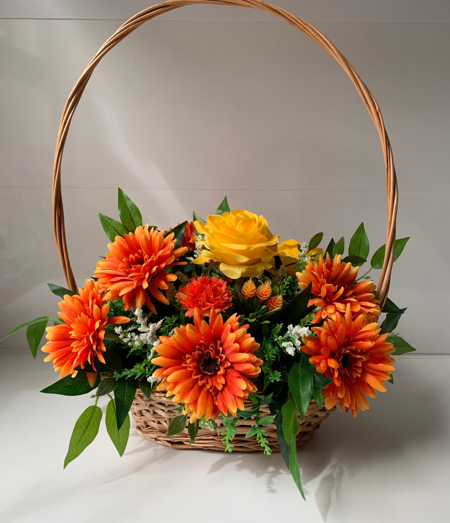 Gerbera and Rose Wicker Basket Flower Arrangement