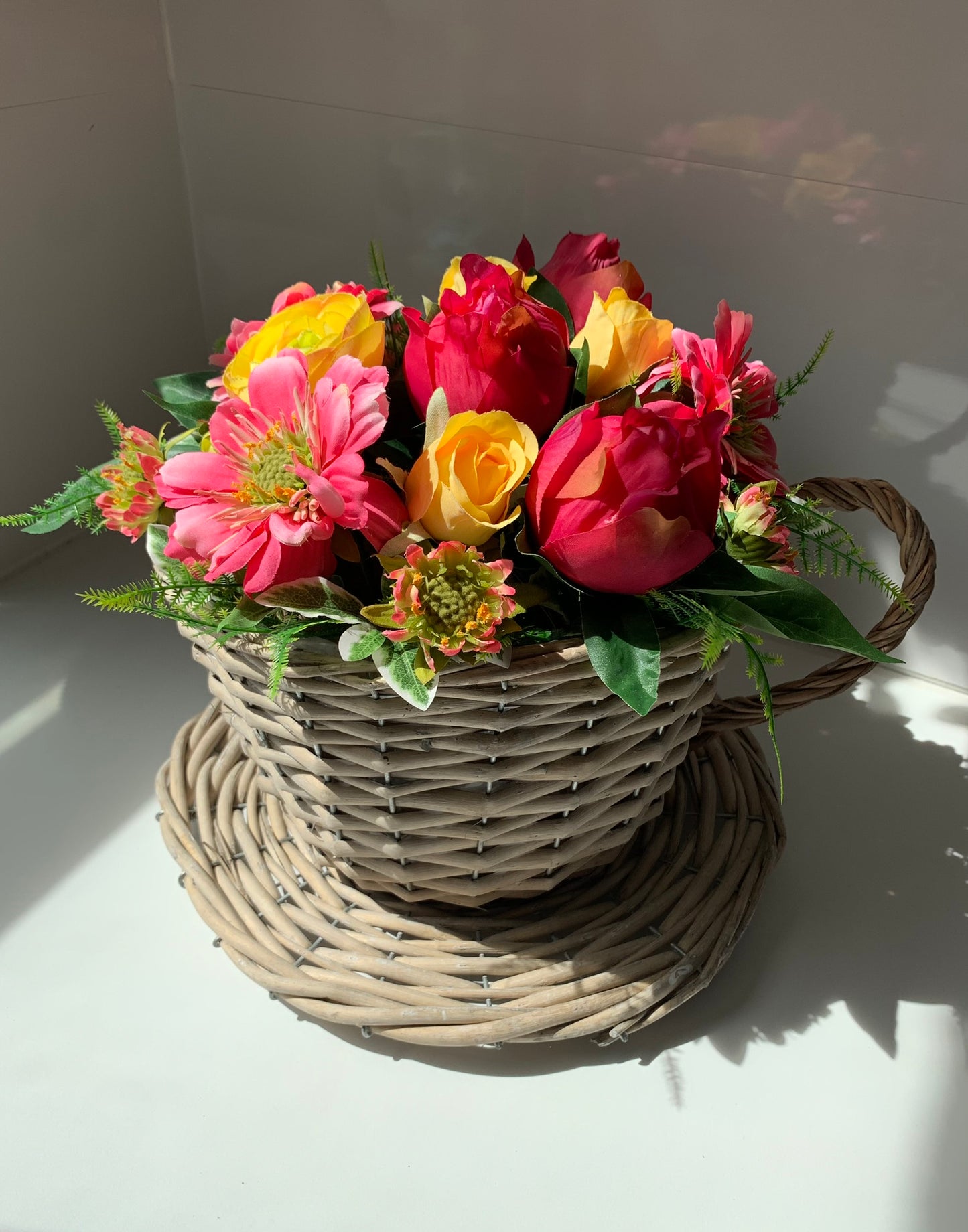 Pink and Yellow Teacup Flower Arrangement