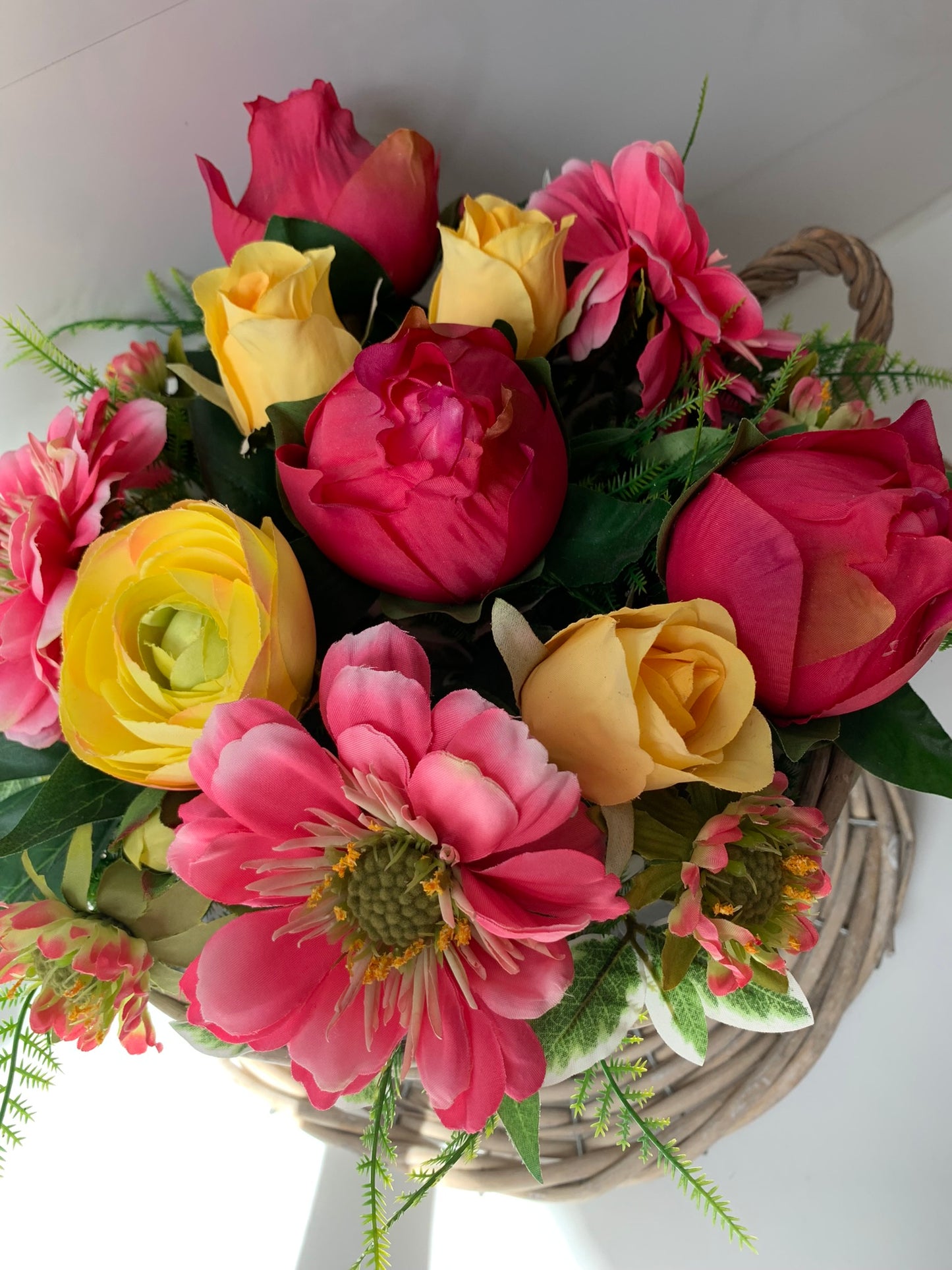 Pink and Yellow Teacup Flower Arrangement