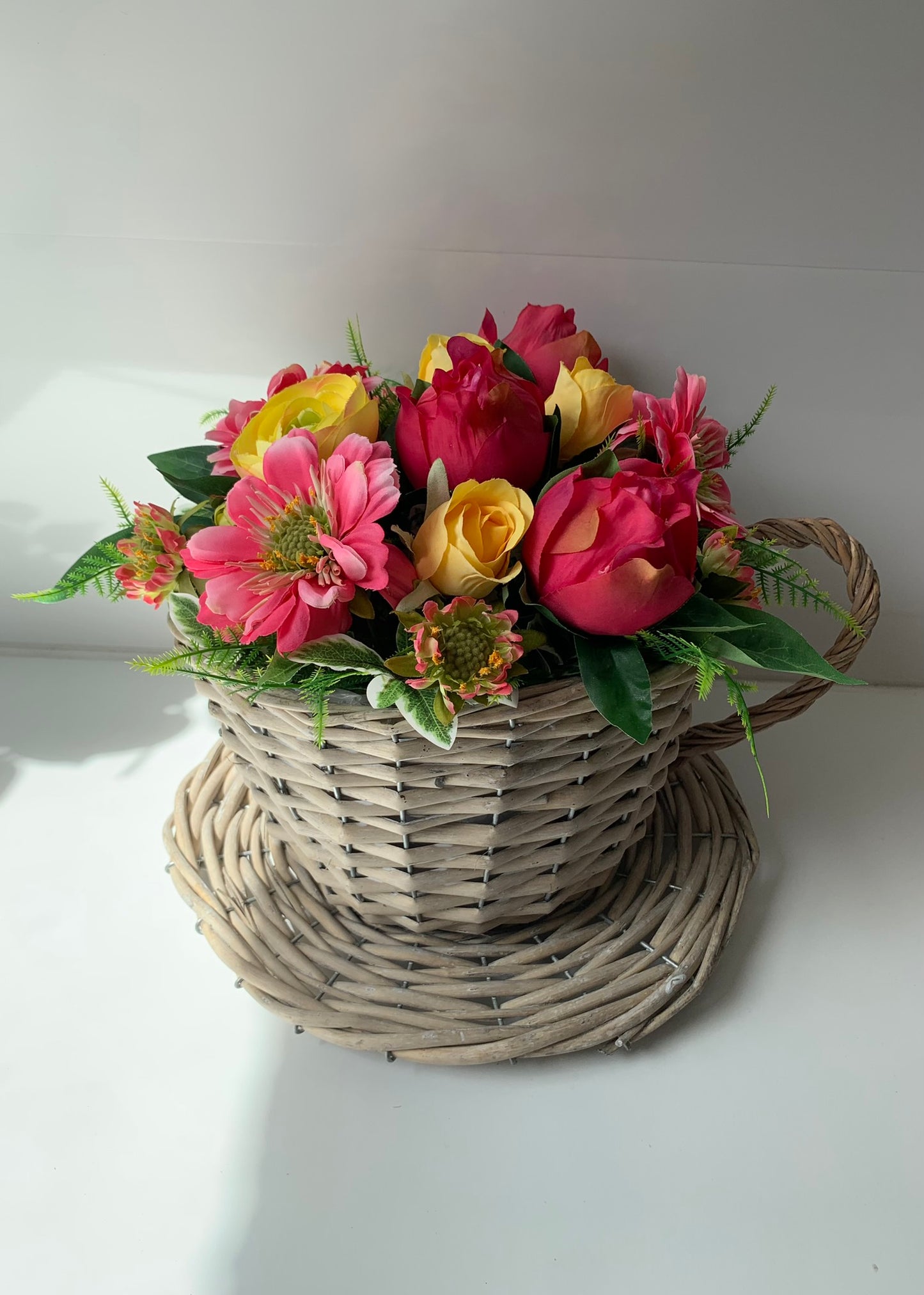 Pink and Yellow Teacup Flower Arrangement