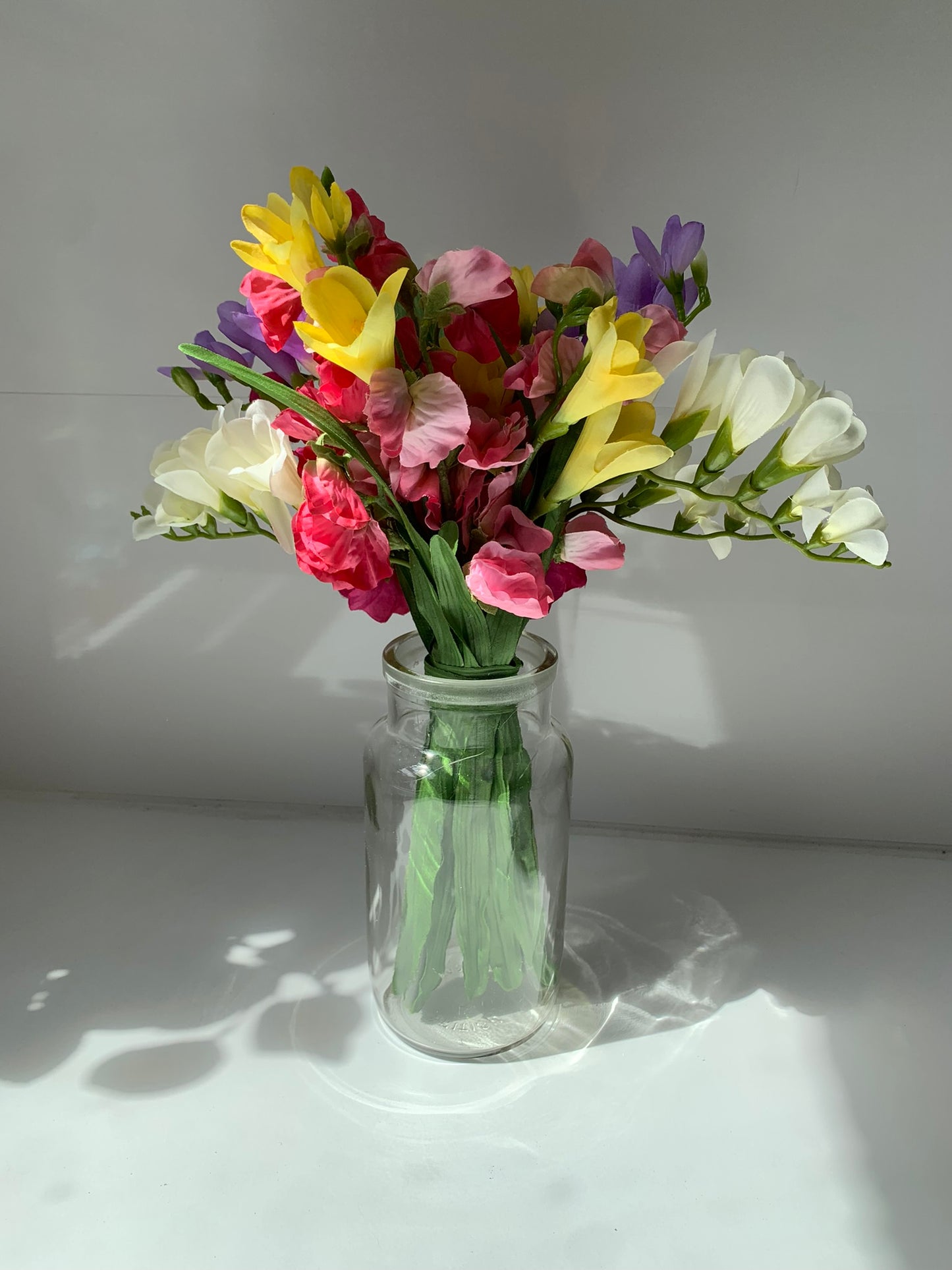 Sweet Pea and Freesia Glass Jar Arrangement