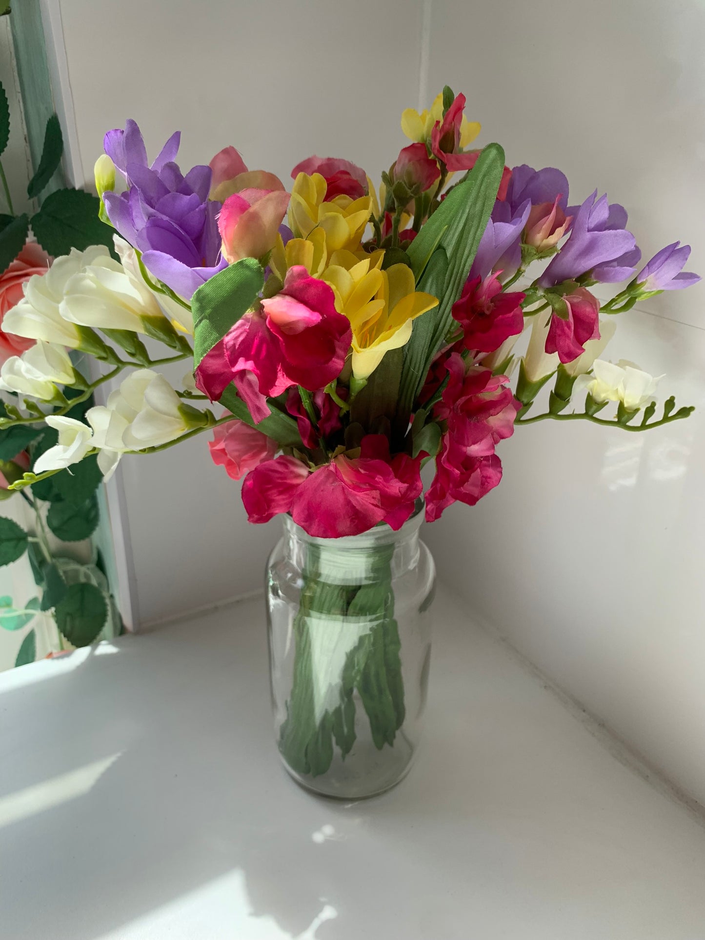 Sweet Pea and Freesia Glass Jar Arrangement