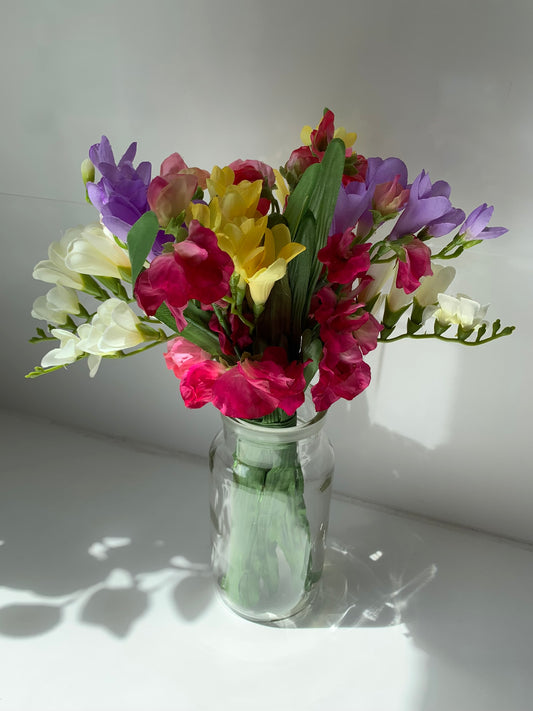 Sweet Pea and Freesia Glass Jar Arrangement