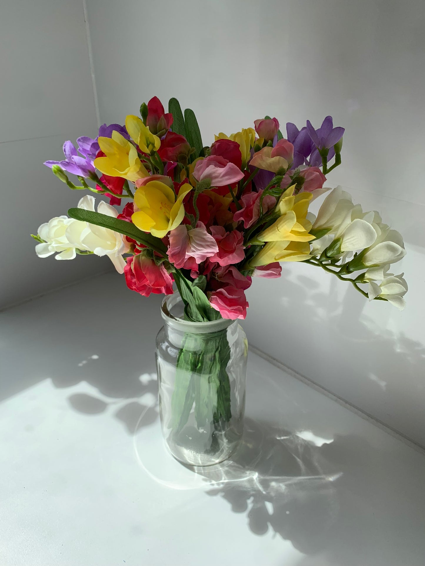 Sweet Pea and Freesia Glass Jar Arrangement