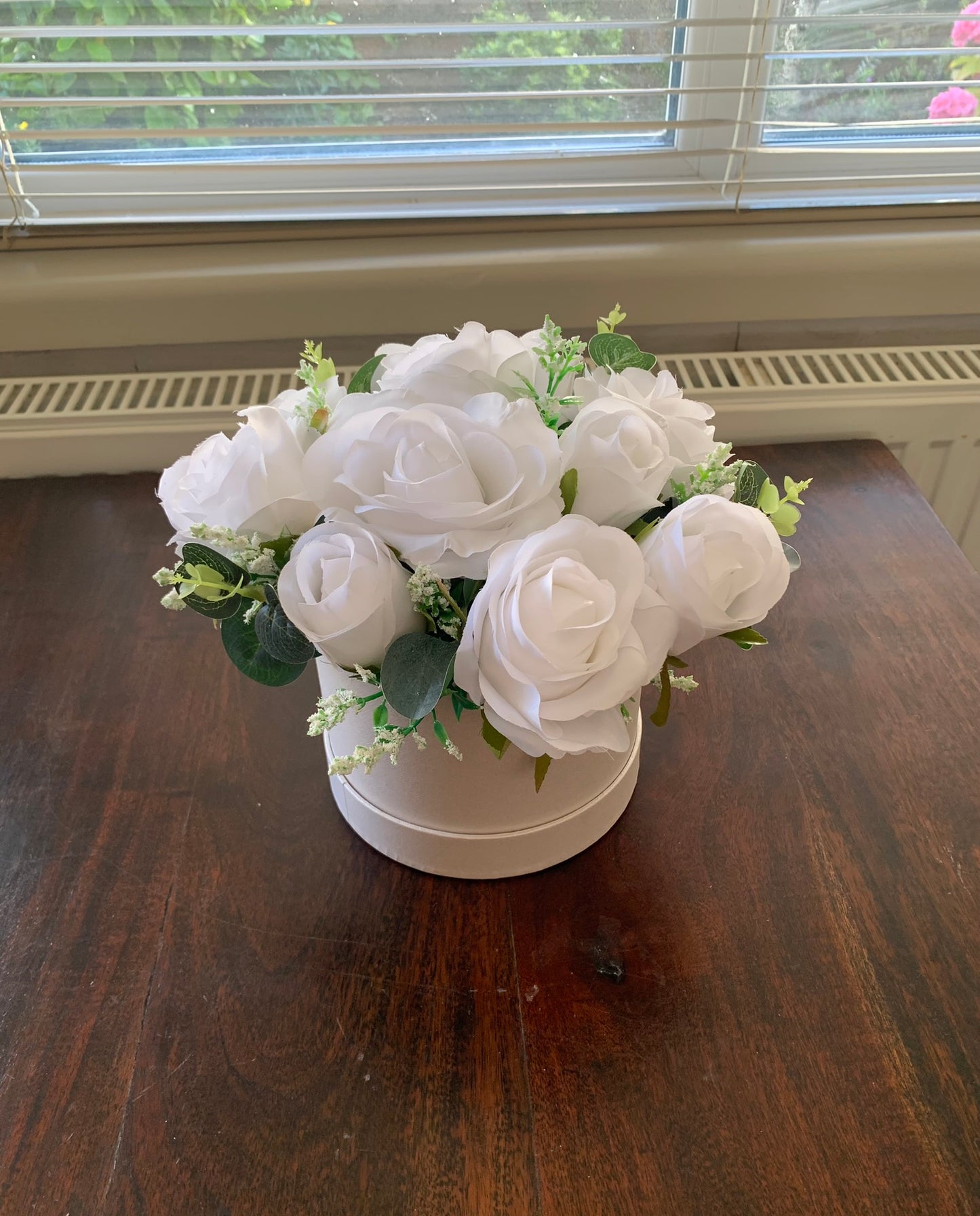 White Roses Hat Box Arrangement