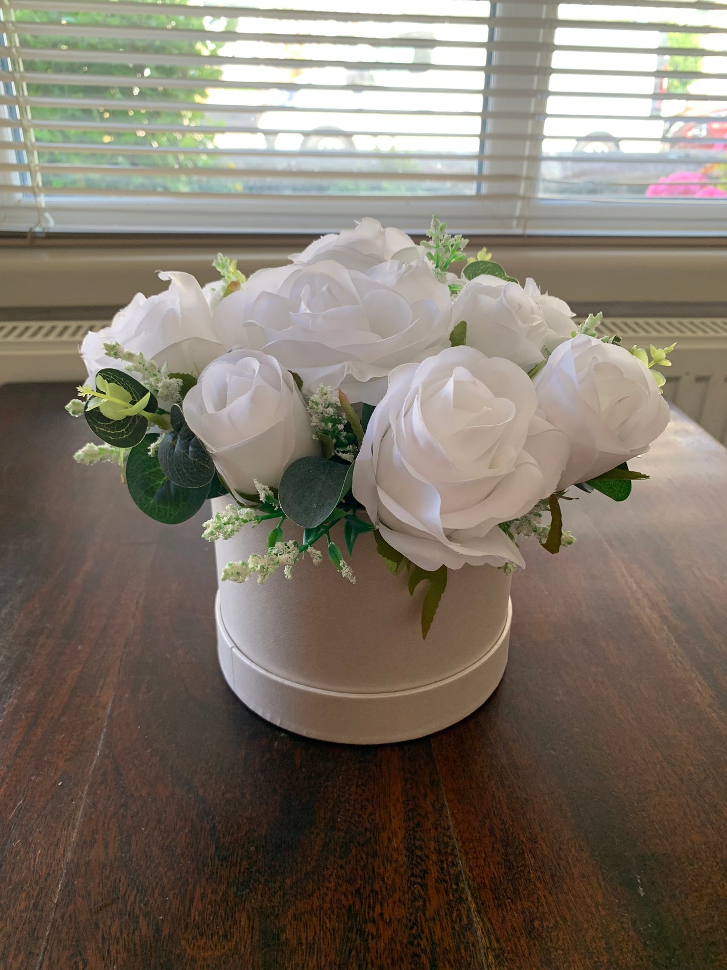 White Roses Hat Box Arrangement