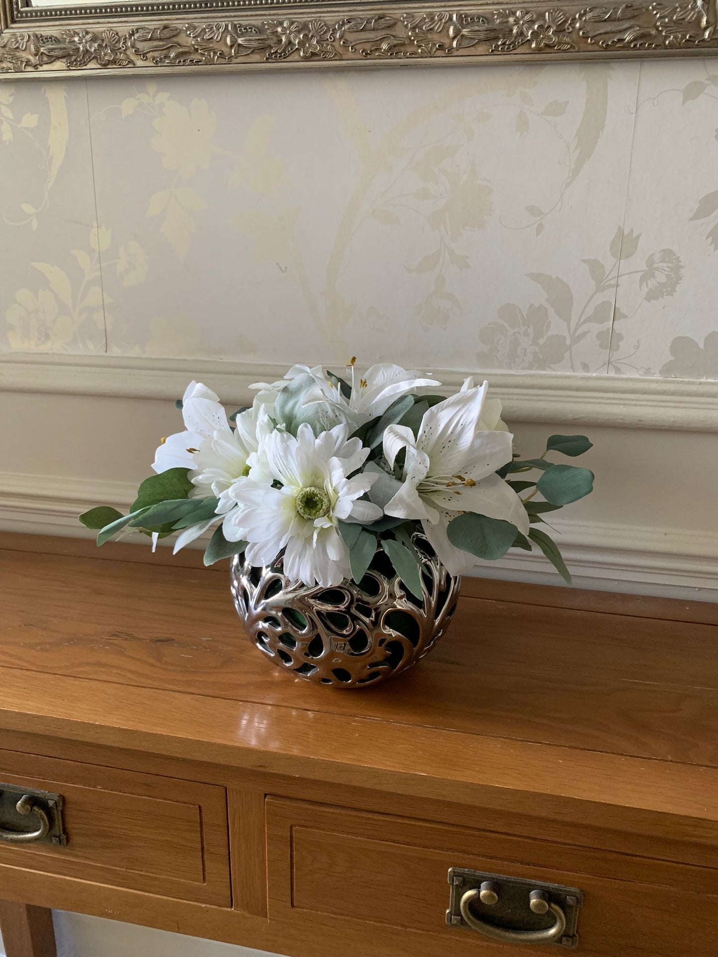 White and Silver Floral Fishbowl Vase Arrangement