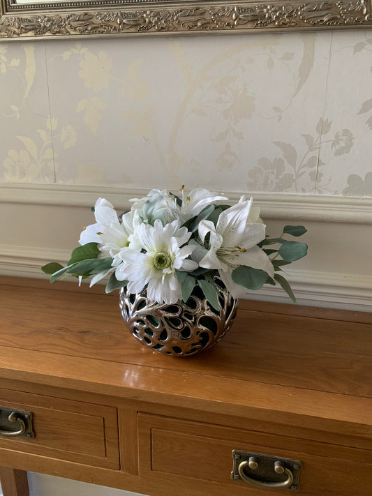 White and Silver Floral Fishbowl Vase Arrangement