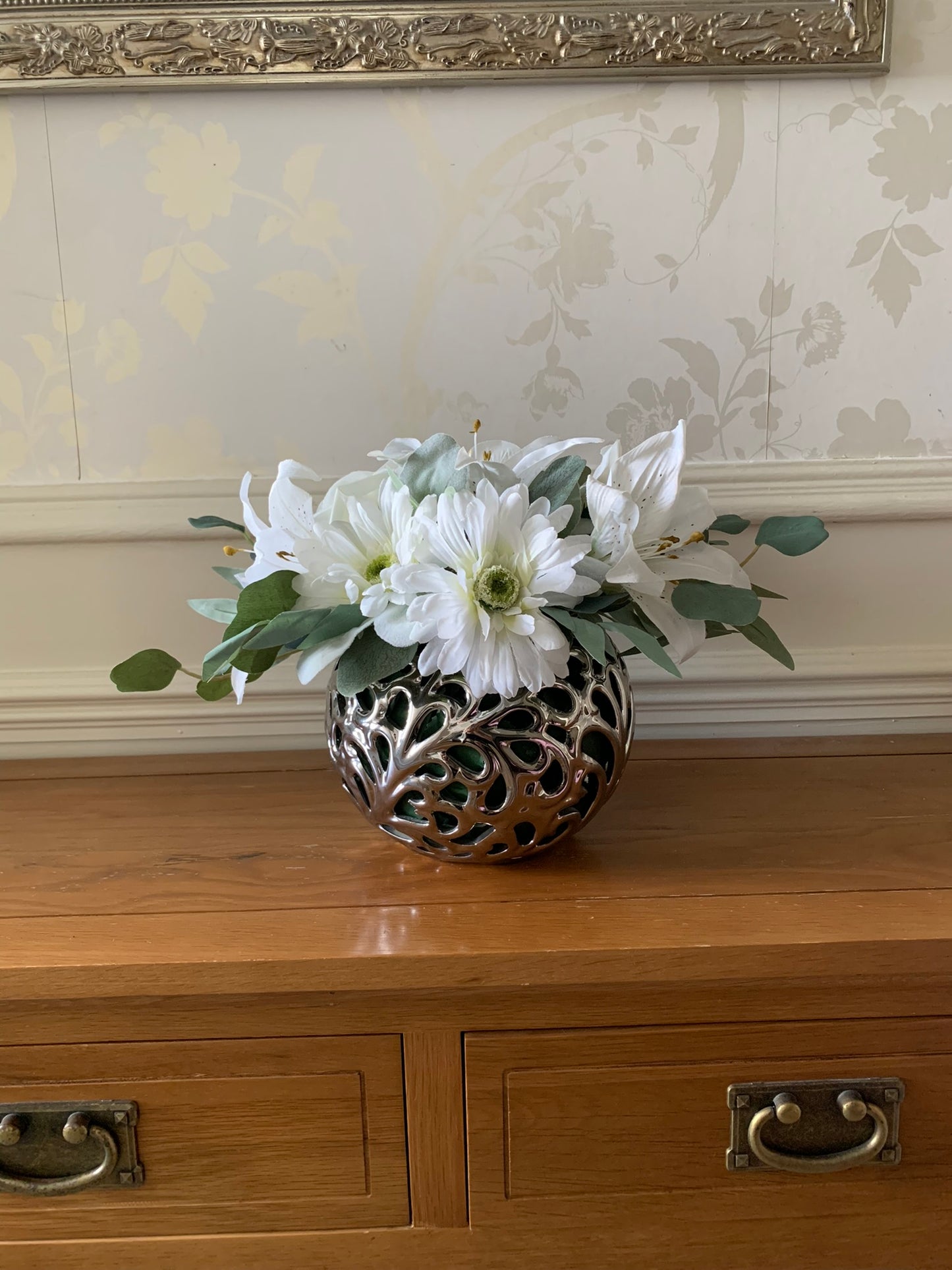 White and Silver Floral Fishbowl Vase Arrangement